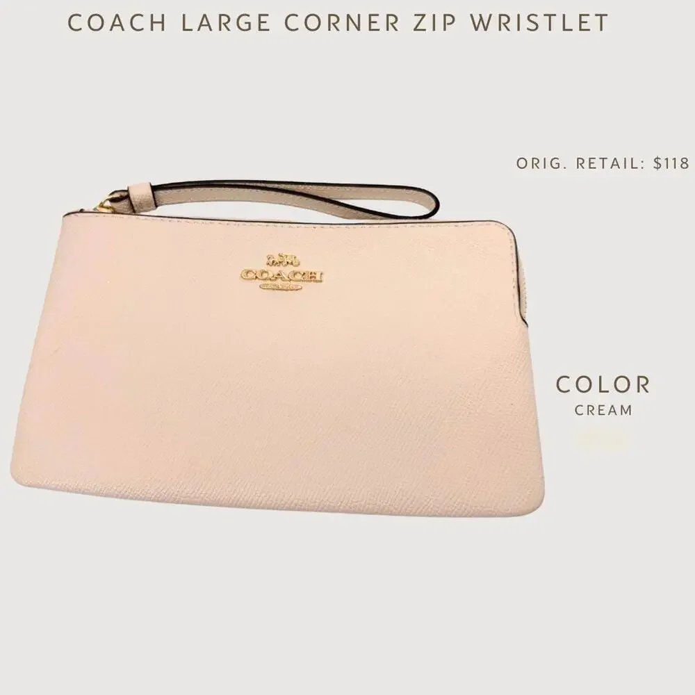 Coach Large Corner Zip Wristlet Cream Pebbled Leather NWT